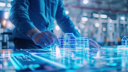 A person interacting with a futuristic virtual interface, designing a building model with holographic technology in an industrial setting.