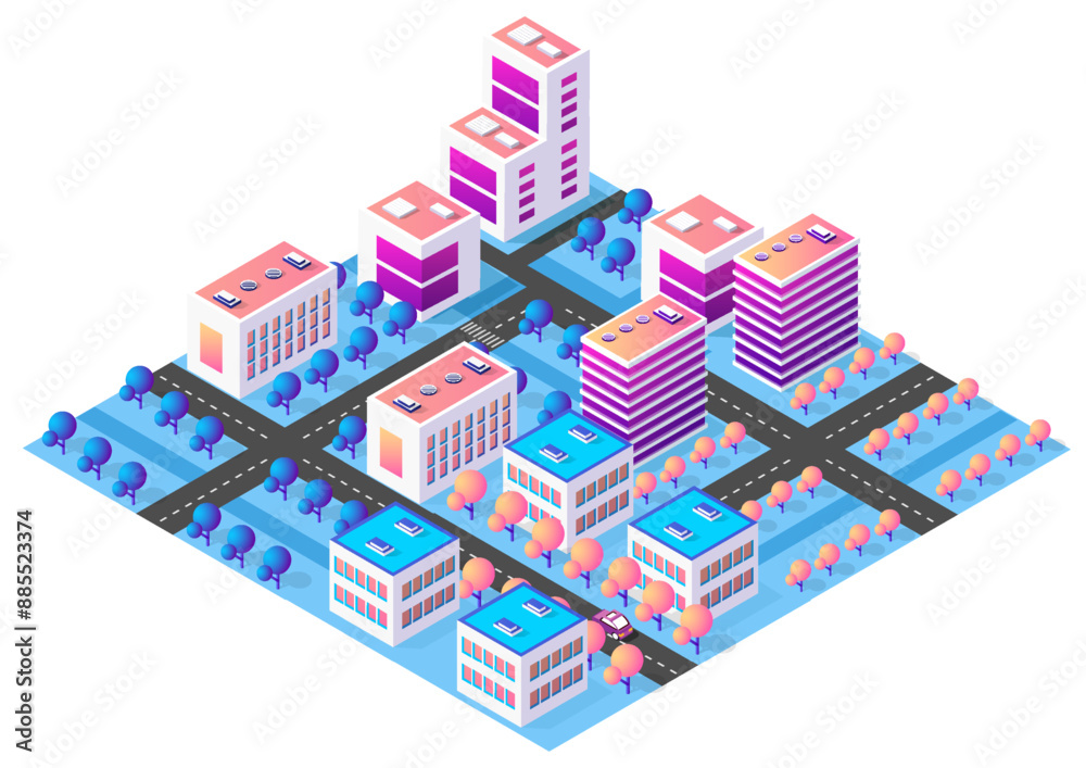 Wall mural modern isometric smart city with skyscrapers, roads, cars and trees