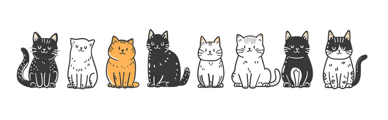 Obraz premium Cute Cats Set, Pet Animal Symbols, Hand Drawn Cat Icons Silhouettes, Funny Kitten Character Drawings
