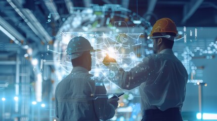 Engineer and architect analyze project under construction with new technology and innovation on digital tablet and network of construction icons on futuristic virtual interface.