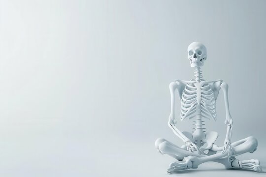 Human skeleton sitting in a yoga pose against a plain white background, showcasing anatomical structure and meditation concept.