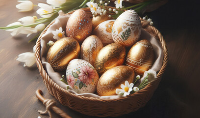 Basket of Easter gold eggs, the eggs are all different and luxury decorated with gold