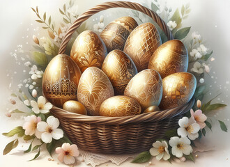 Basket of Easter gold eggs, the eggs are all different and luxury decorated with gold