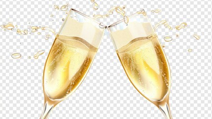Two champagne glasses clinking together in a celebratory toast, bubbles rising from the effervescent liquid, symbolizing joy, success, and jubilation against a transparent background
