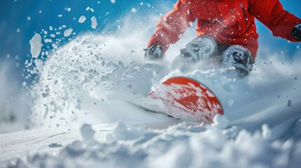 Snowboarder glides through fresh powder snow spraying snow crystals