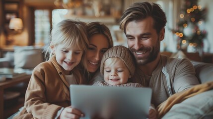 A cozy indoor scene captures a family sitting closely together on a couch, engrossed in the screen of an open laptop.