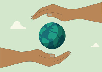 Illustration of two hands surrounding and protecting the Earth, symbolizing environmental conservation and global care.