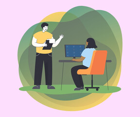 Team leader with clipboard giving instructions to employee working on computer. Business leader and worker flat vector illustration. Leadership, teamwork concept for banner or landing page