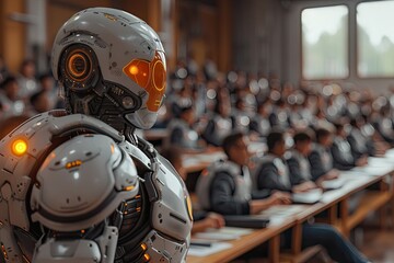 Fototapeta premium Education setting with AI tutor assisting students