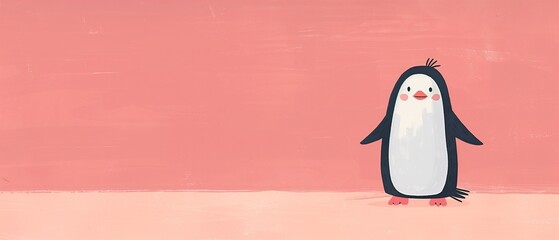 Obraz premium Cute Cartoon Penguin Illustration on Soft Pink Background, Adorable Winter Animal Art for Kids, Fun and Whimsical Design, Hand-Drawn Style for Children's Decorations or Holiday Cards