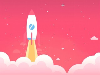 Fototapeta premium Pink Rocket Launching Into Space with Stars and Clouds, Minimalist Flat Design, Space Exploration Concept, Vibrant Red Background, Suitable for Educational and Inspirational Themes