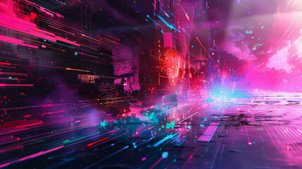 Abstract digital art background with glitch effects and neon colors, creating a futuristic and edgy visual effect