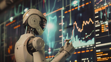 Fototapeta premium Close-up A humanoid robot professionals are using desktop to work on a project together in the office. Using economic growth charts and network connections to accompany the data. in analyzing future
