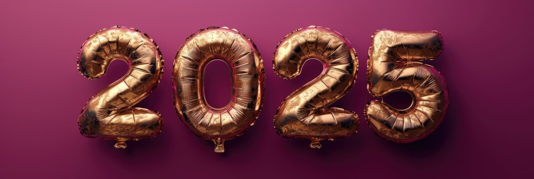 Gold balloons forming the number two thousand twenty five on a purple background