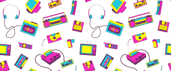 Seamless pattern with 90s retro elements, gadgets