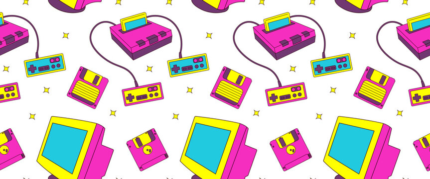 Seamless pattern with 90s retro elements, game objects