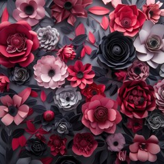 3d paper art of red and pink flowers in shades of maroon, dark purple, grey, white, and black. The flowers have different sizes and shapes, creating an artistic arrangement on the background