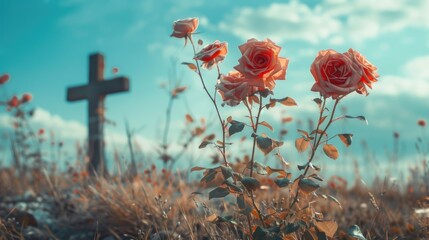 A cross situated amidst a vibrant field of flowers, perfect for symbolic or inspirational uses