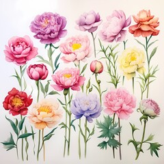 Fototapeta premium Colorful watercolor peonies ideal for wallpapers, fashion prints, gift wrapping, and branding.