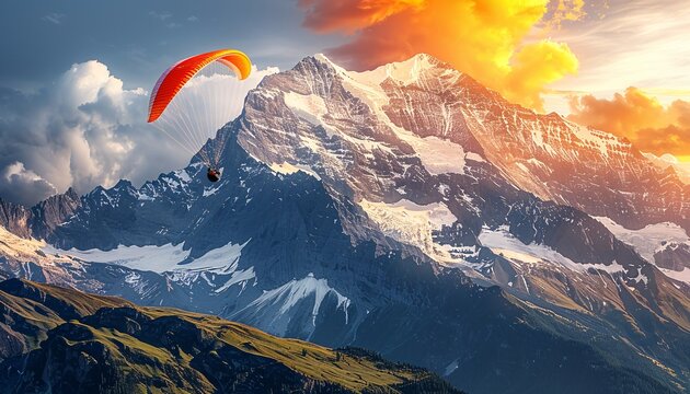 Paragliding over mountain range at sunset.