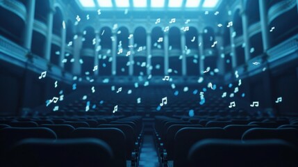 Empty concert hall with musical notes falling from the ceiling