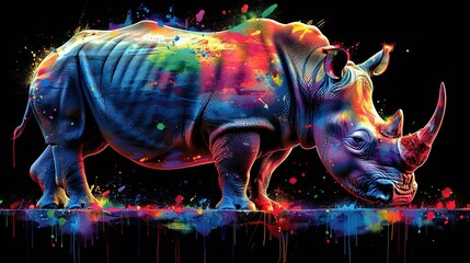   Rhinoceros with splattered paint on body and neck against black background