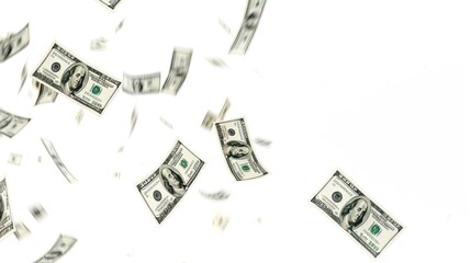 Hundred-dollar bills floating and falling on a white background, depicting a sense of abundance, wealth, and financial freedom.