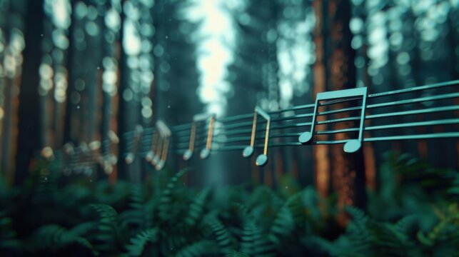 Musical notes floating through a lush, green forest. The perfect image for a peaceful and relaxing theme.