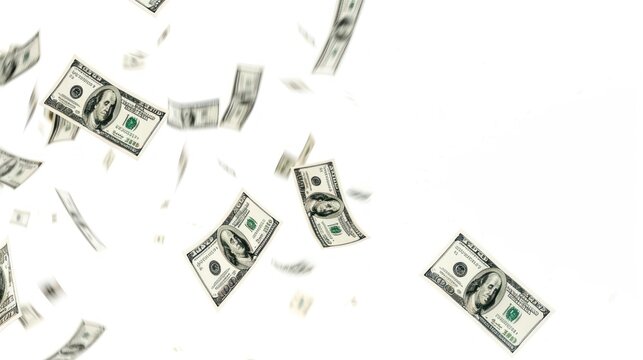 Hundred-dollar bills floating and falling on a white background, depicting a sense of abundance, wealth, and financial freedom.