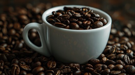Fototapeta premium Coffee beans are filled with vitality Cup with coffee beans in macro view
