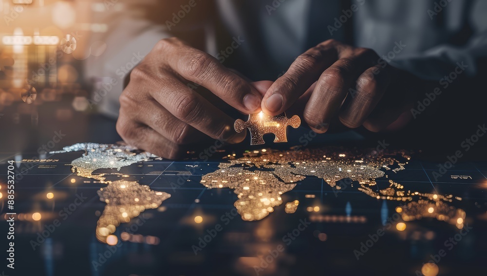 Poster businessman with a world map. global business, data network and virtual connection concept.