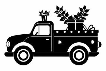Christmas truck with tree silhouette, Vector illustration
