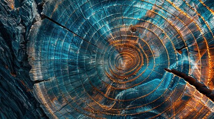Close-up of a blue and orange patterned tree trunk cross-section