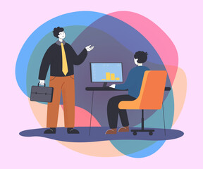 Boss with briefcase giving instructions to employee working on computer. Business leader and worker flat vector illustration. Leadership, work concept for banner or landing page