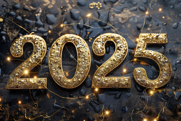 2025 gold jewel numbers, new year gemstones, diamond greeting card, gem celebrate banner