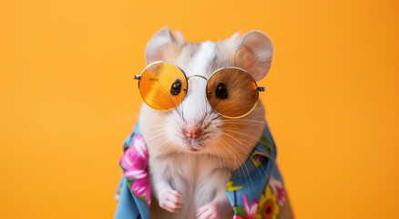 cute hamster in cool glasses and shirt on orange background, wearing colorful jacket