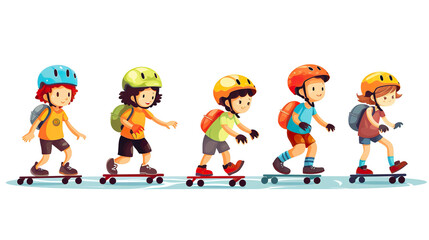 Fototapeta premium On a background of pure white, children playing on roller skates while wearing safety helmets