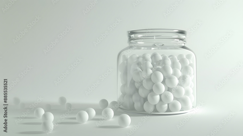 Sticker transparent jar with white balls on a white background