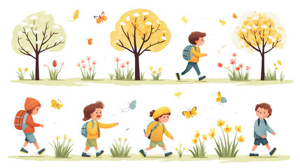 Youngsters outside during the springtime, isolated on a white background