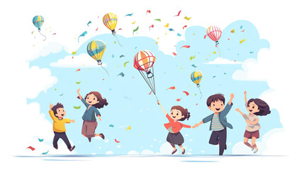 Fototapeta premium Children interacting while playing in the sky, isolated on a sky background