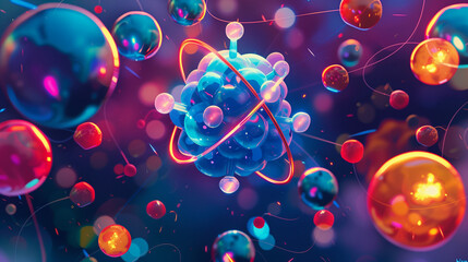 A colorful abstract painting of a blue sphere surrounded by other spheres. The painting is full of bright colors and has a playful, whimsical feel to it