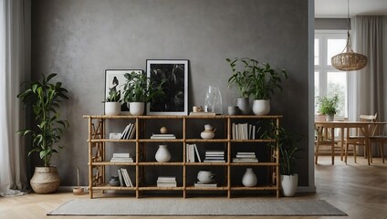 Scandinavian interior Creative wooden desk, bamboo bookstand, books, plants, open space, living room