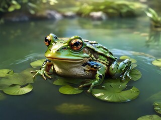 Obraz premium Illustrate a 3D realistic frog in a pond, detailed with water textures and natural surroundings.