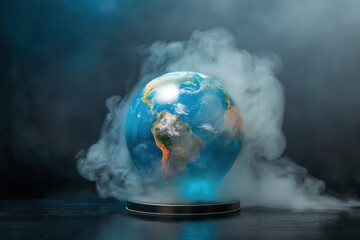 Globe surrounded by fog on dark background, atmospheric effect
