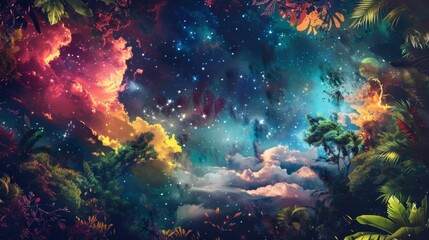 vivid cosmic jungle wallpaper , dense jungle wallpaper with stars , starry sky over dense jungle wallpaper , space jungle mural wallpaper