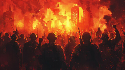 Obraz premium illustration of a crowd facing a line of armed figures, fists raised in defiance, symbolizing their fight for freedom. 