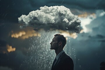 Businessman, standing under rain, pessimistic man under cloud, sad business man, unlucky, misfortune