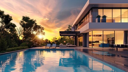 Obraz premium Modern house with swimming pool enjoying a beautiful sunset