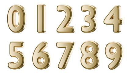 Set of 3d gold numbers with transparent background, 3d render, PNG, 0 to 9, gold, metallic