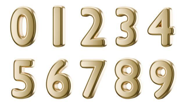 Set of 3d gold numbers with transparent background, 3d render, PNG, 0 to 9, gold, metallic